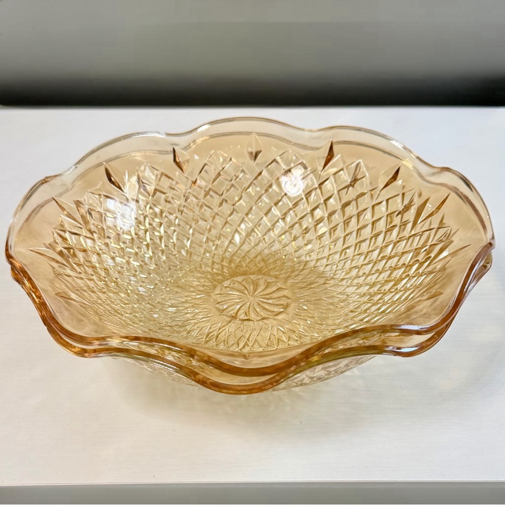 VTG Indiana Glass Diamond Point Amber Ruffled Bowl Set of 2 Gold Trim MCM